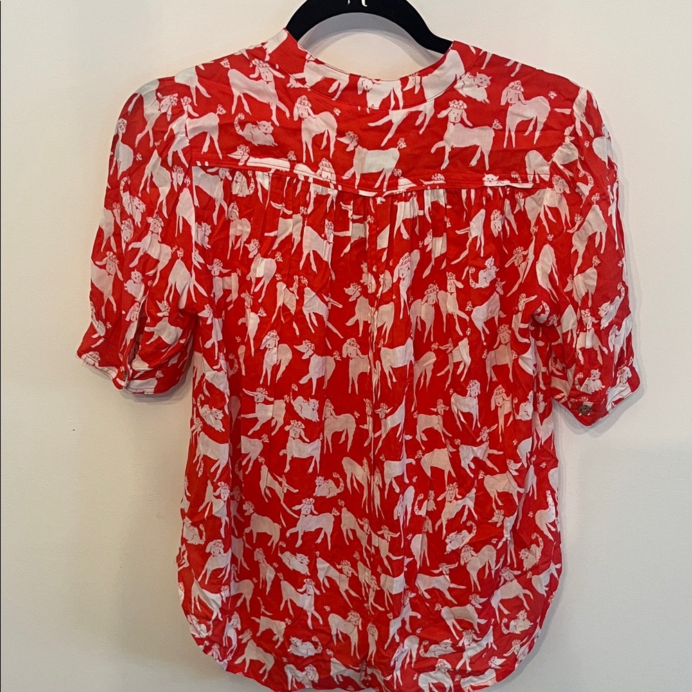 Anthropologie Red Blouse with White Animal Print by Emily Isabella - Picture 3 of 5